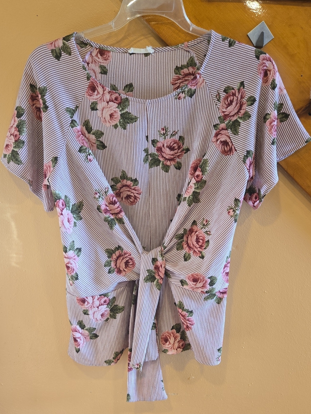 ODDY Pink Rose Striped Tie-Front Blouse